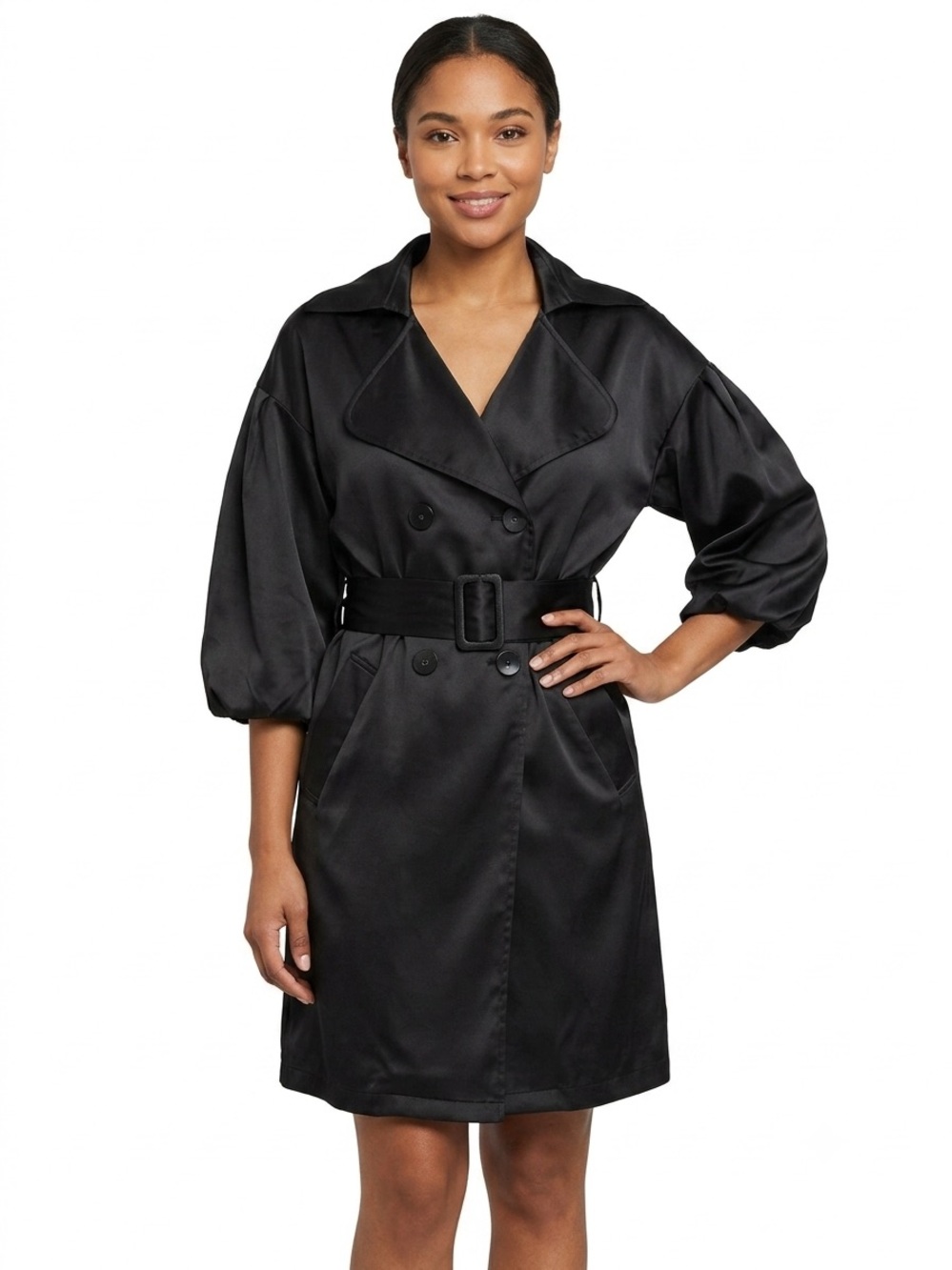 Black Satin Belted Trench Dress